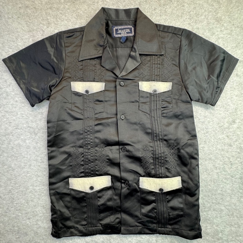 Saxifon Kids 8 Black Satin Guayabera Shirt Short Sleeve Embroidered Ostrich Trim
